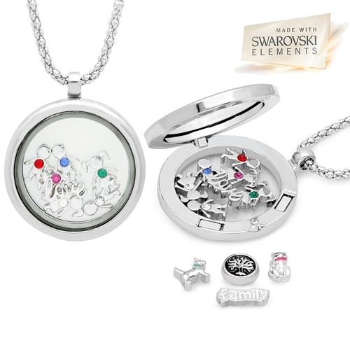 Family Locket With Interchangeable Charms Made With Swarovski