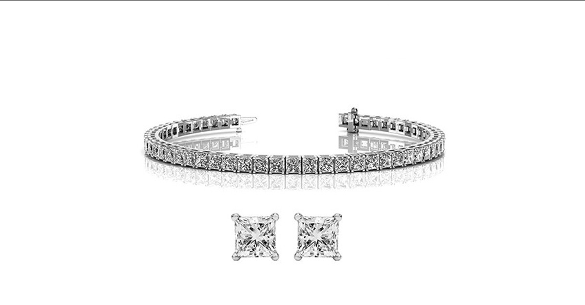 Princess Cut Tennis Bracelet and Earrings Set 2 Finishes