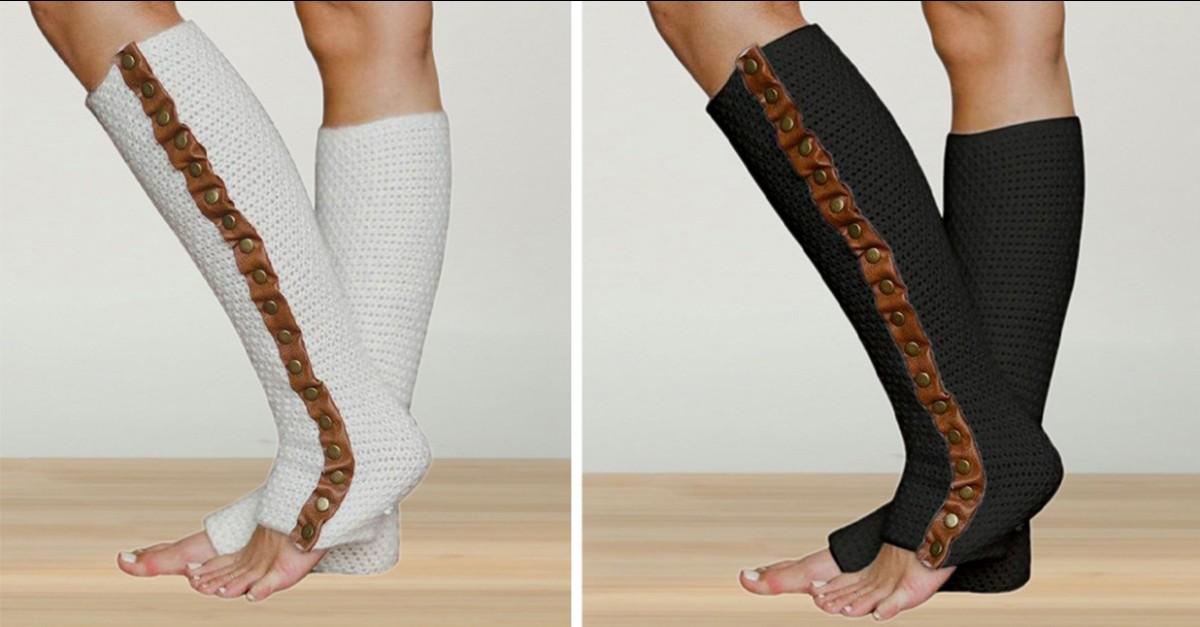 Leather Trim Knitted Leg Warmers 2 Colors