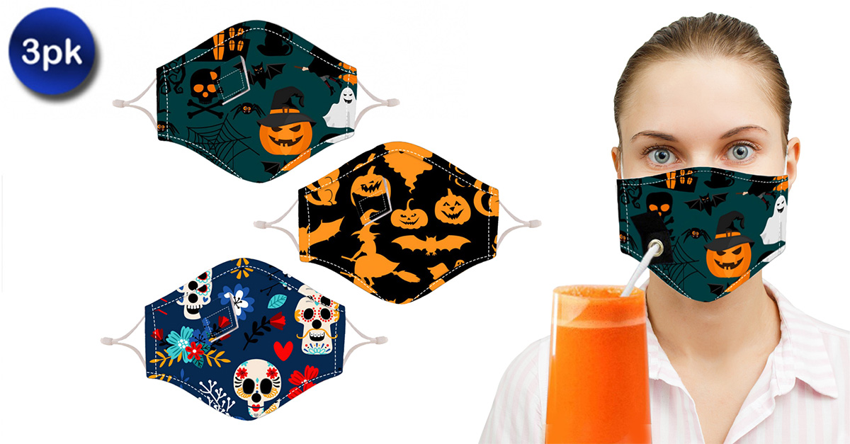 3 Pack Halloween Reusable Face Mask with Drinking Straw Hole