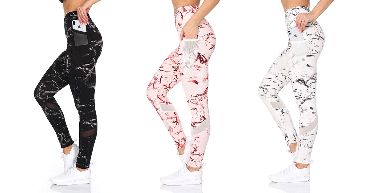 Women's High Waist Active Full Length Marble Leggings with Mesh Pockets
