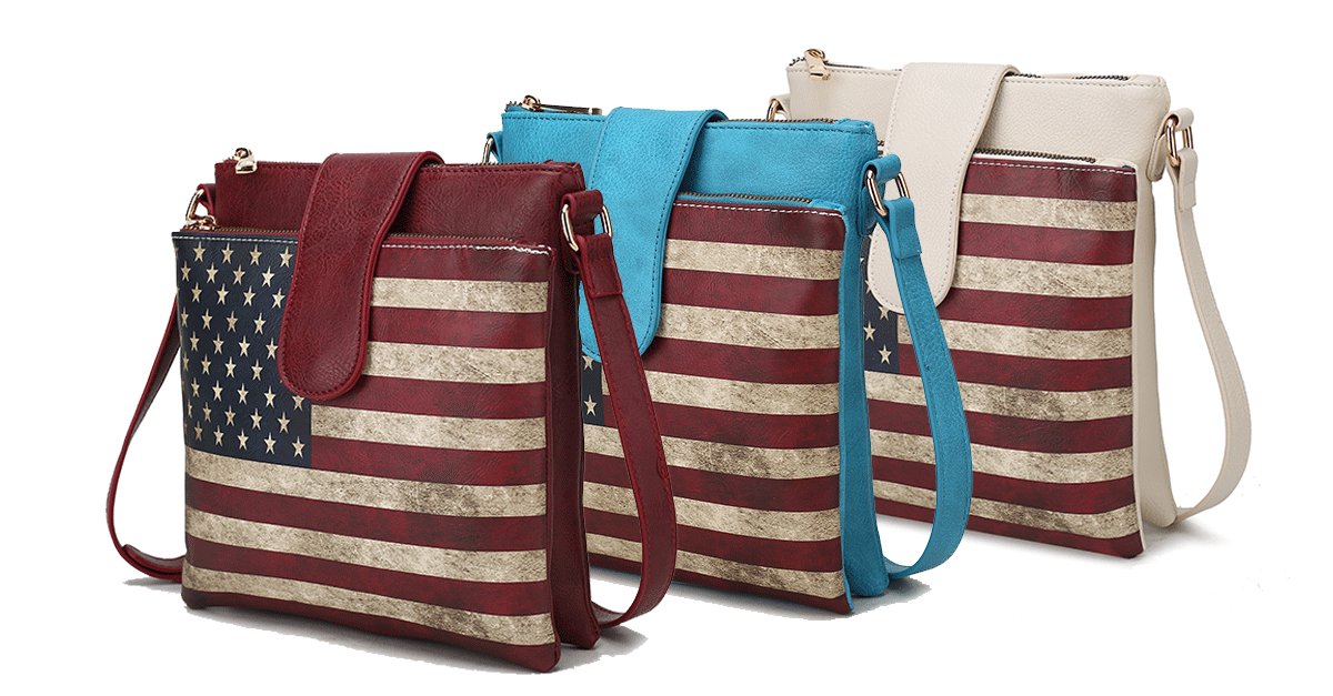 MKF Collection American Flag Crossbody Bag - Vegan Leather, Patriotic Design, Adjustable Strap, Multiple Pockets