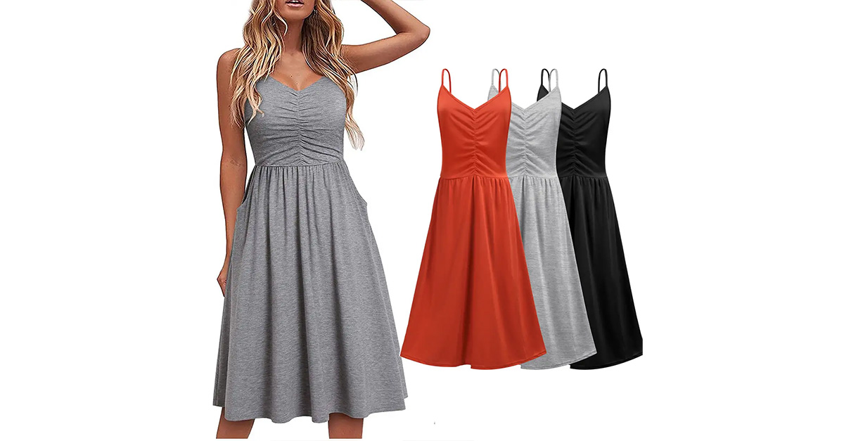 Casual V Neck Midi Spaghetti Strap Summer Dress