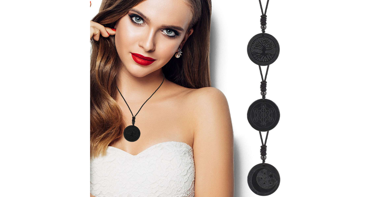 Round Shungite Pendant Necklace Rope Wearable EMF Healing Protection Crystal