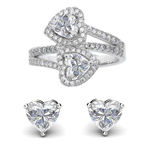 Exquisite Sterling Silver DoubleHeart Ring and Earring Set