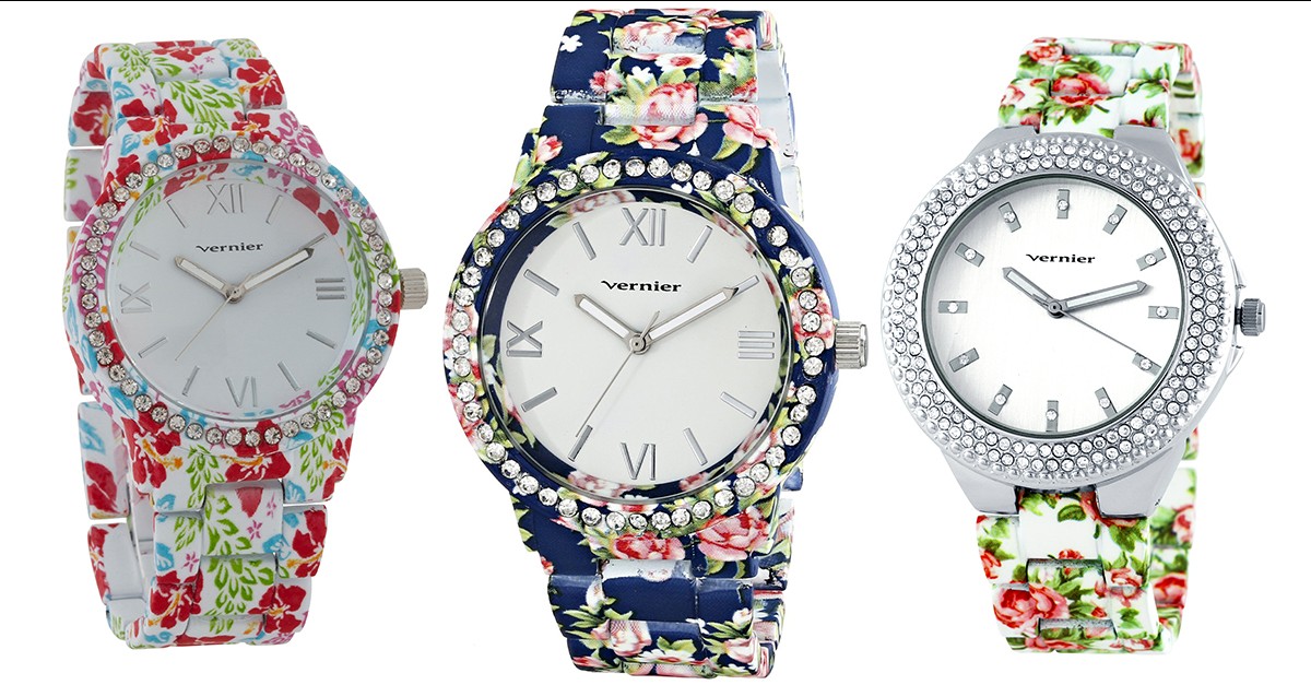 Vernier Women's Floral Pattern Stone Bezel Watch 3 Styles