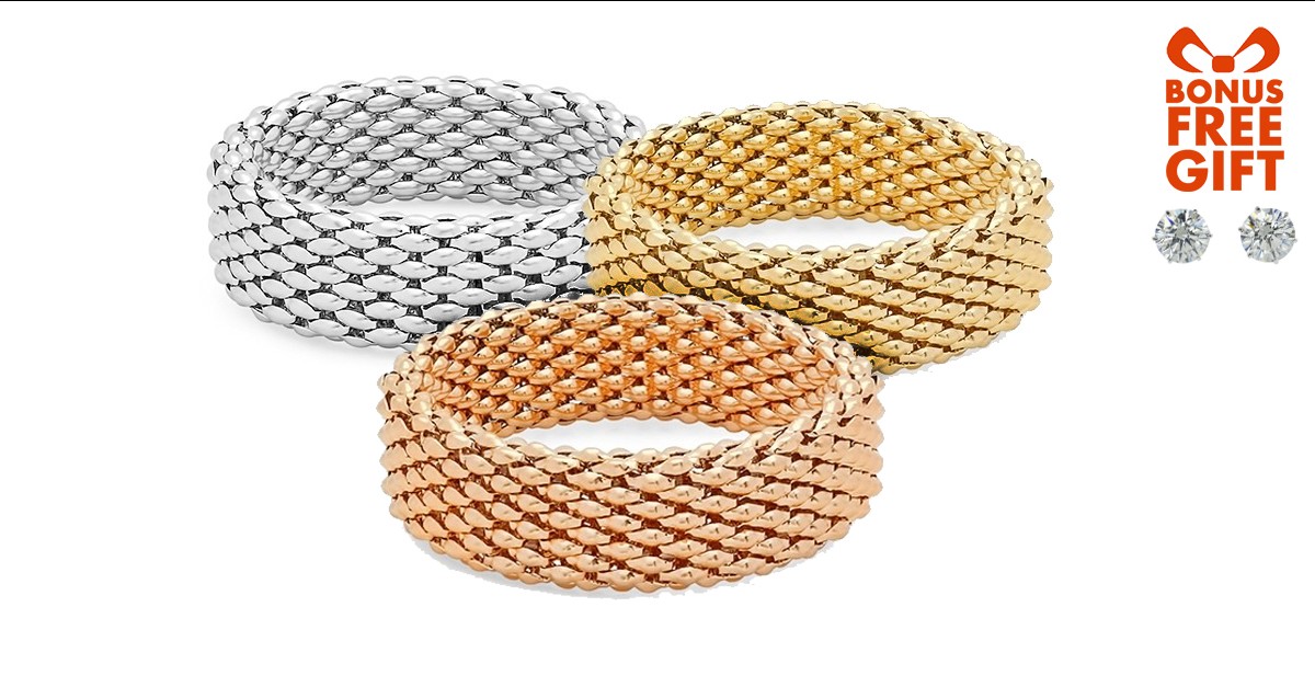 18kt Gold Italian Design Mesh Stretch Bracelet with Earrings 3 Finishes