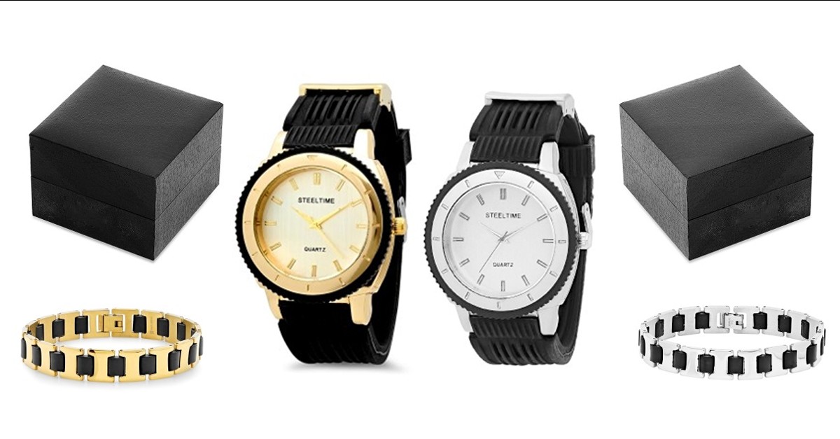 Steeltime Men's 18kt Gold Watch & Bracelet Set 2 Finishes