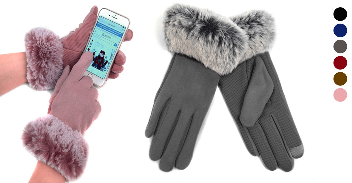 FauxFur Cuff Touchscreen Non Slip Fleece Lined Gloves 6 Colors