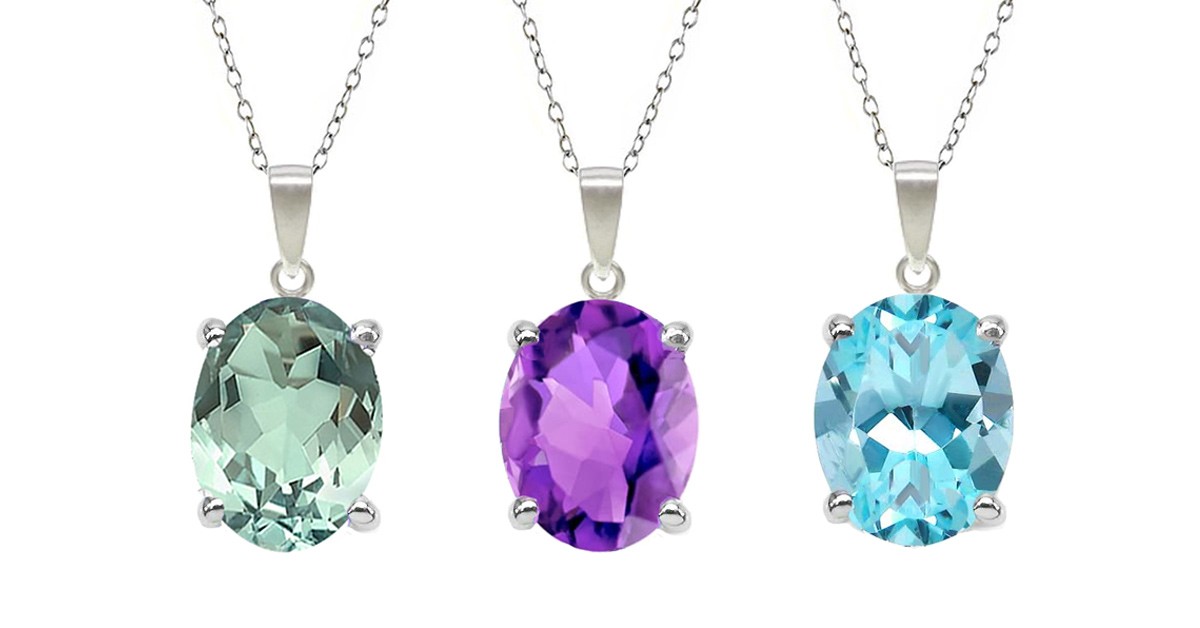 .925 Sterling Silver Oval Cut Genuine Gemstone Pendant 3 Styles