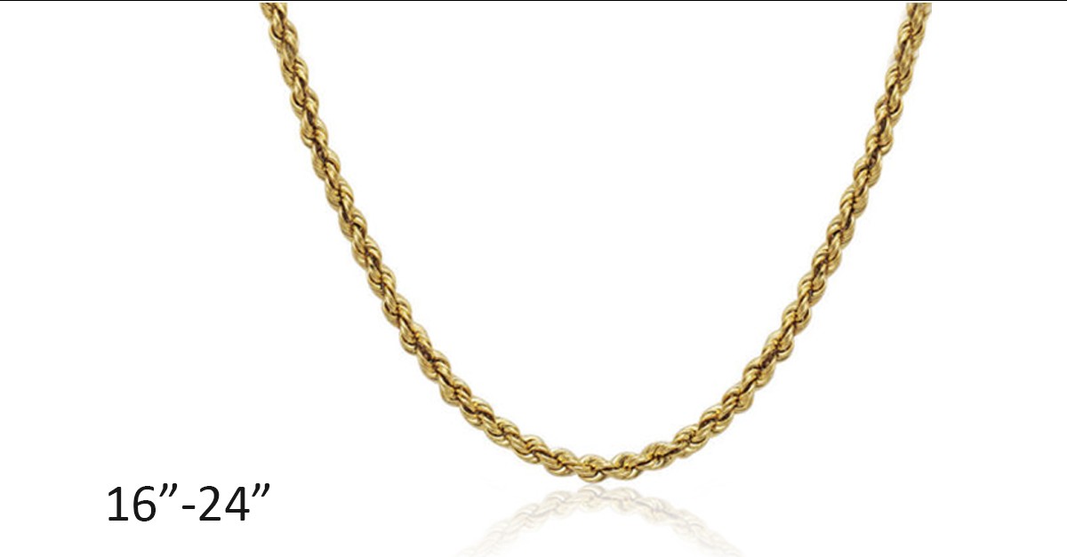 10k Solid Gold 1.2mm Rope Chain 5 Lengths