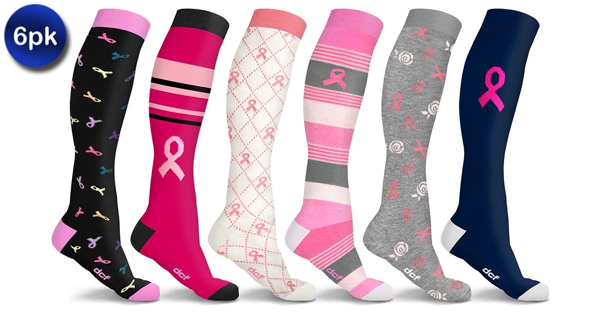 6 Pairs Breast Cancer Awareness KneeHigh Compression Socks