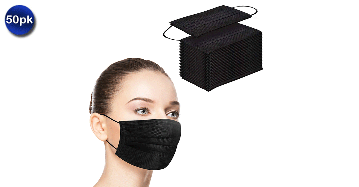 50 Pack: 3-Ply Black Disposable Face Mask