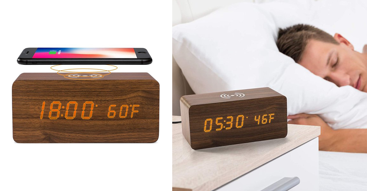 Brown Wood Digital LED Alarm Clock with Wireless Charging