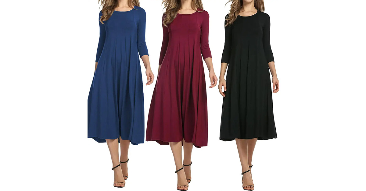 Sherosa Women's Long Sleeve Flare Dress - Pleated Skater Midi Dress, Casual Black Dress Size XL