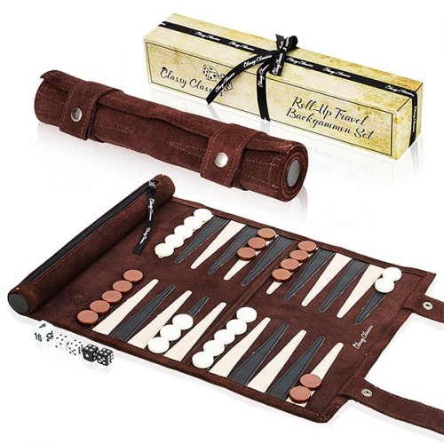 Genuine Leather Roll Up Travel Backgammon Set